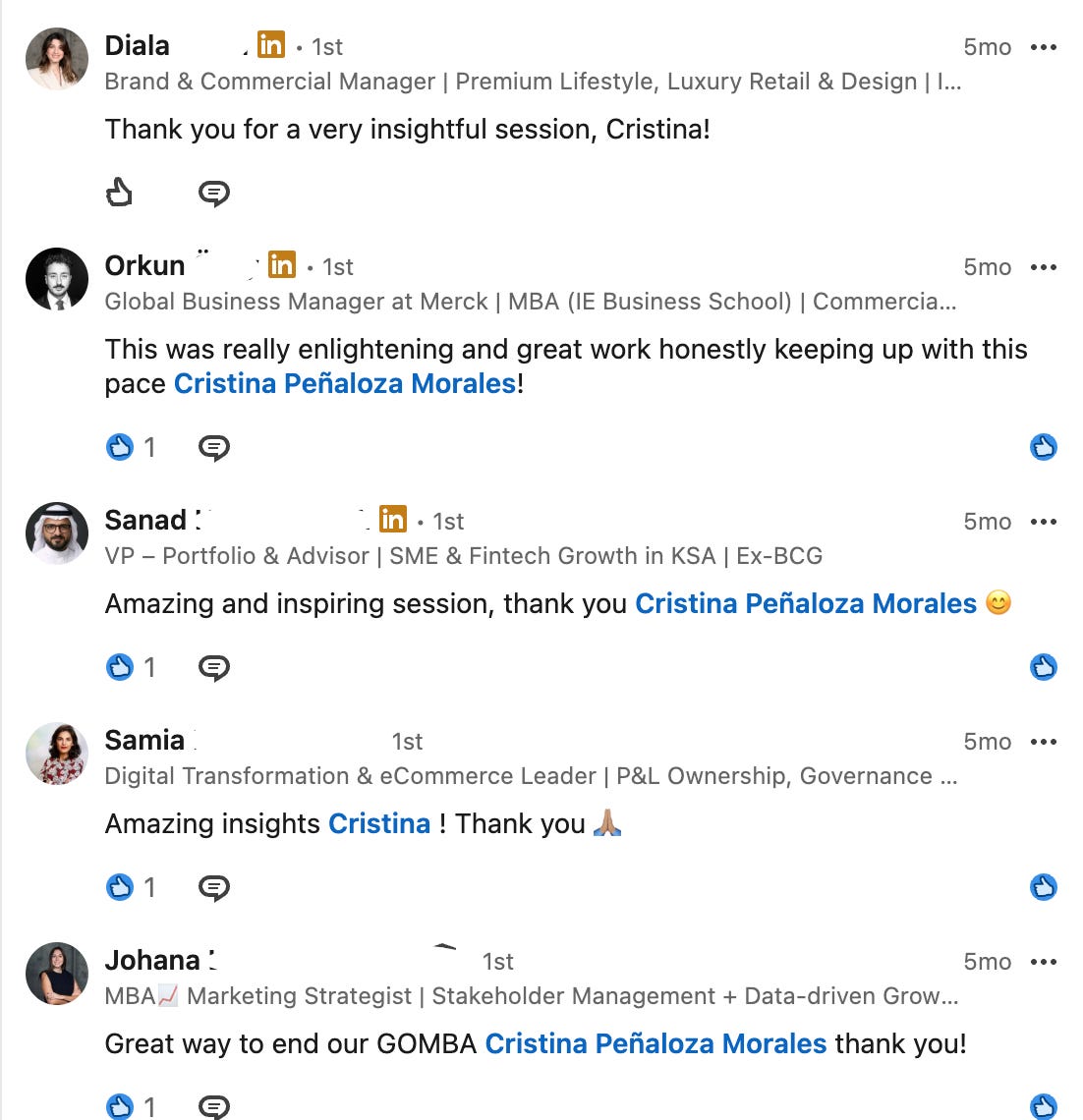 LinkedIn comments from participants thanking Cristina for her sessions